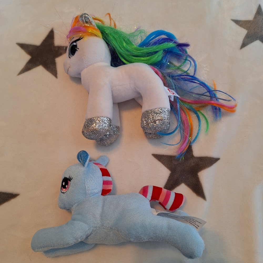 TY Beanie Boo STARR the 6" White Pony & Greenbrier Blue Plush Stuffed Animal Toy
